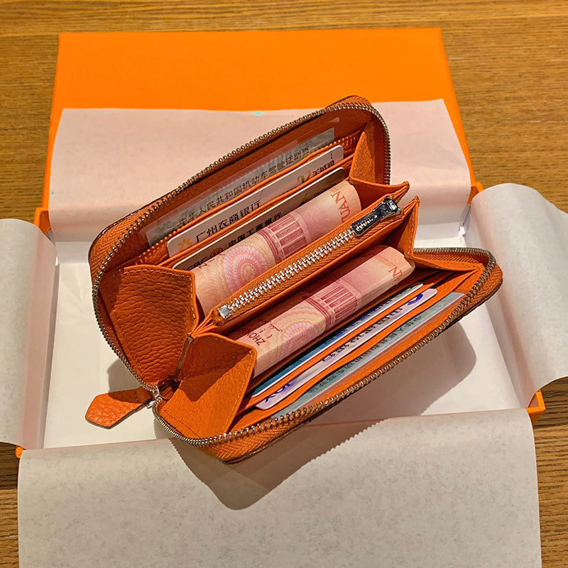 DONNAIN Leather Minimalist Slim Wallets For Women Trendy Orange Purse With Zipper
