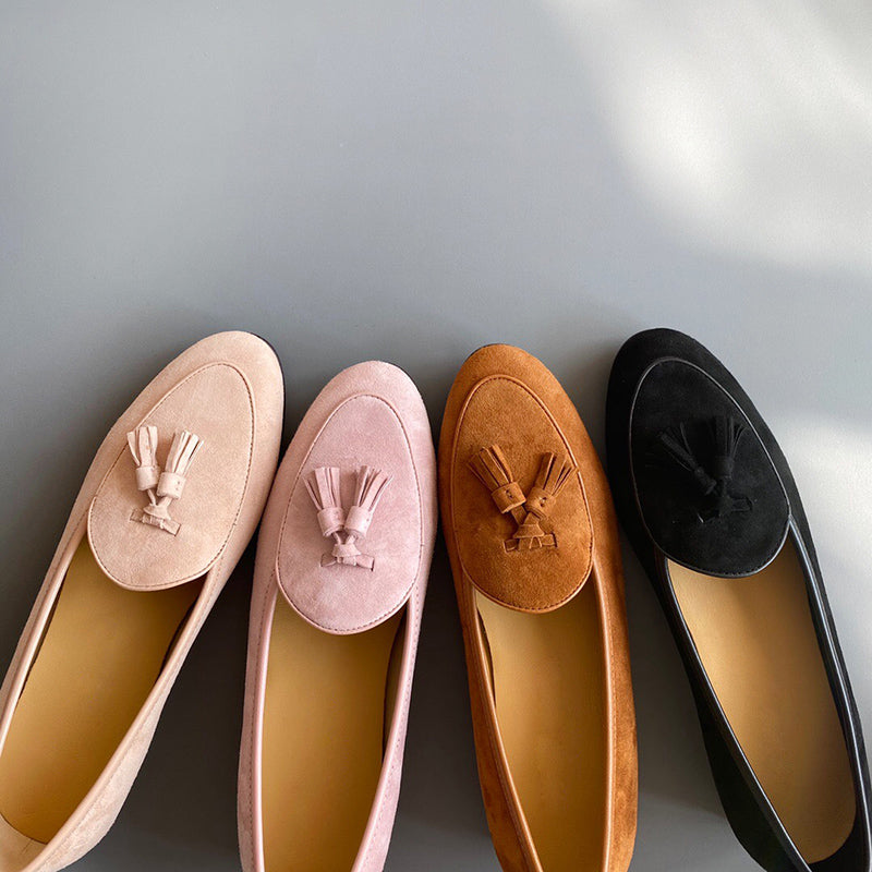 Pink Suede Tassel Penny Loafers
