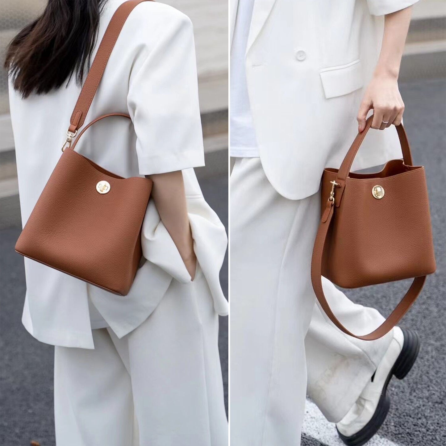 Genuine Leather Bucket Tote Bag for Women, Small Crossbody Bag
