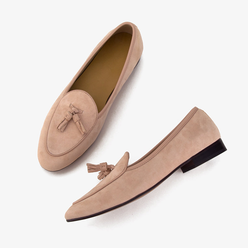 Pink Suede Tassel Penny Loafers