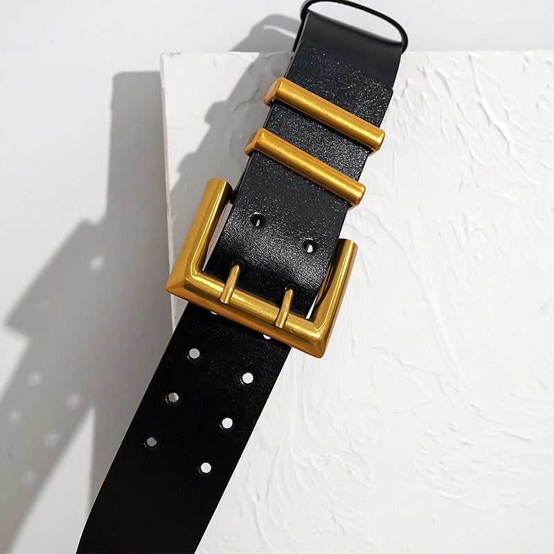 High Quality Genuine Leather Classic Black Wide Belt Trendy Plus Size Metal Buckle