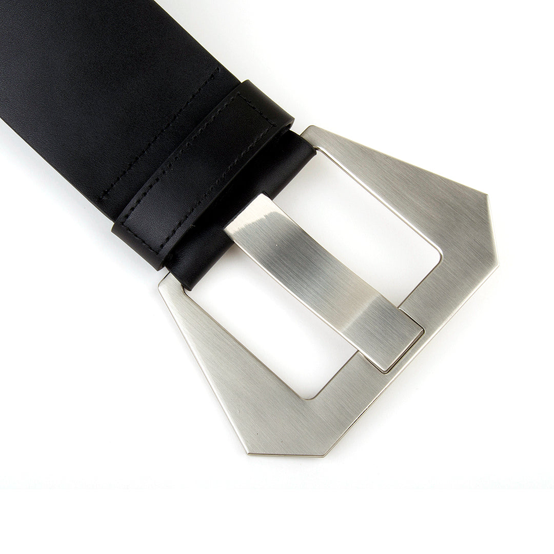Trendy Plus Size Metal Buck Real Leather Classic Black Wide Belt for Lady
