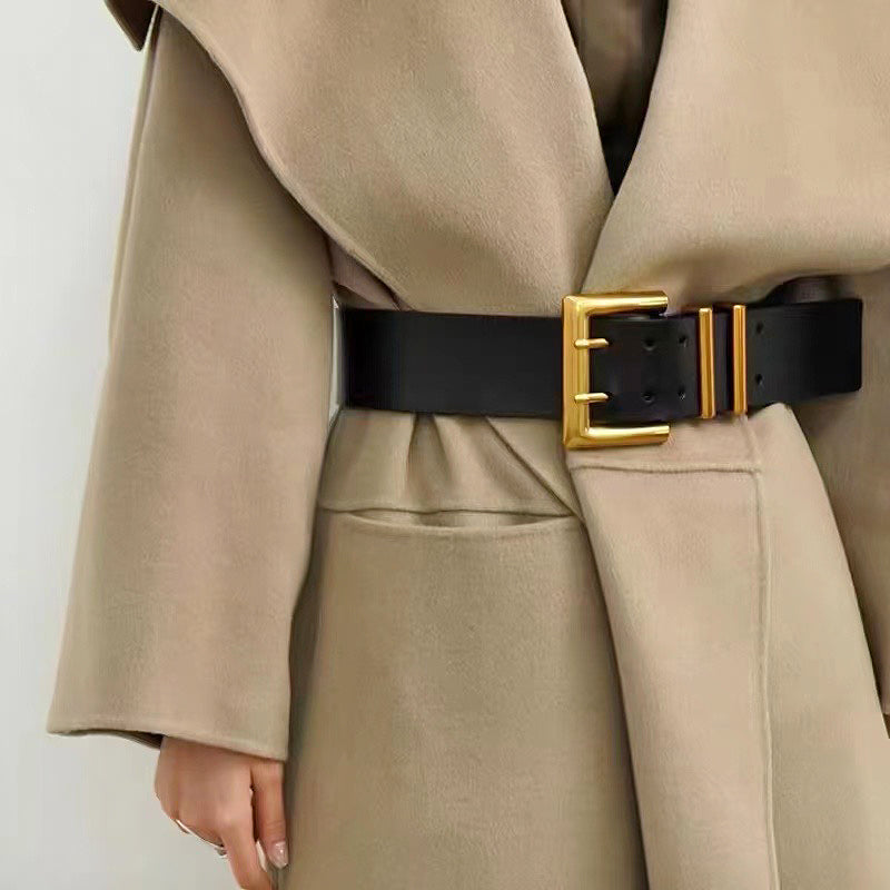 High Quality Genuine Leather Classic Black Wide Belt Trendy Plus Size Metal Buckle