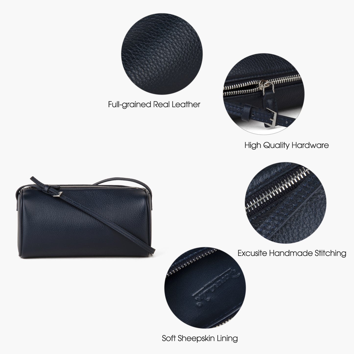 Blue full-grain leather handbag, women's simple mini crossbody bag