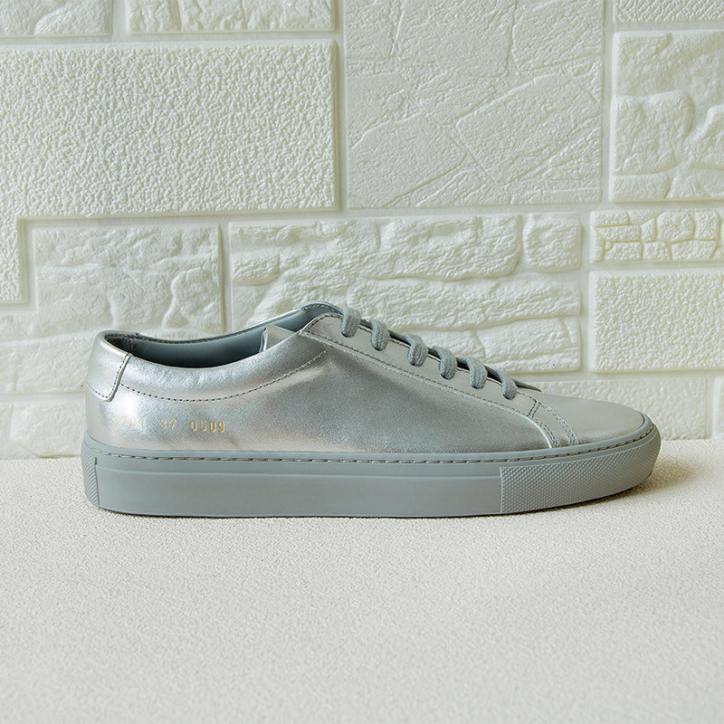Chic Silver Leather Flat Trainers Plus Size