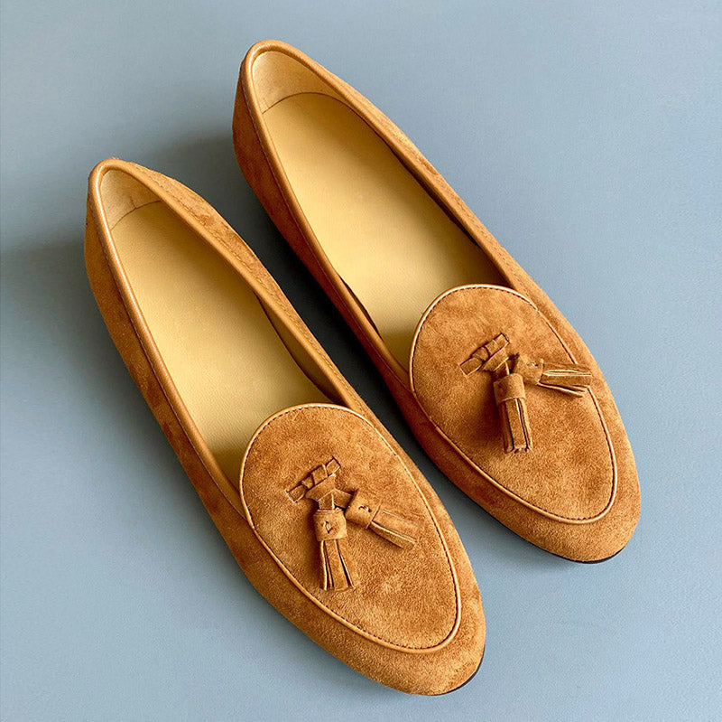 Pink Suede Tassel Penny Loafers