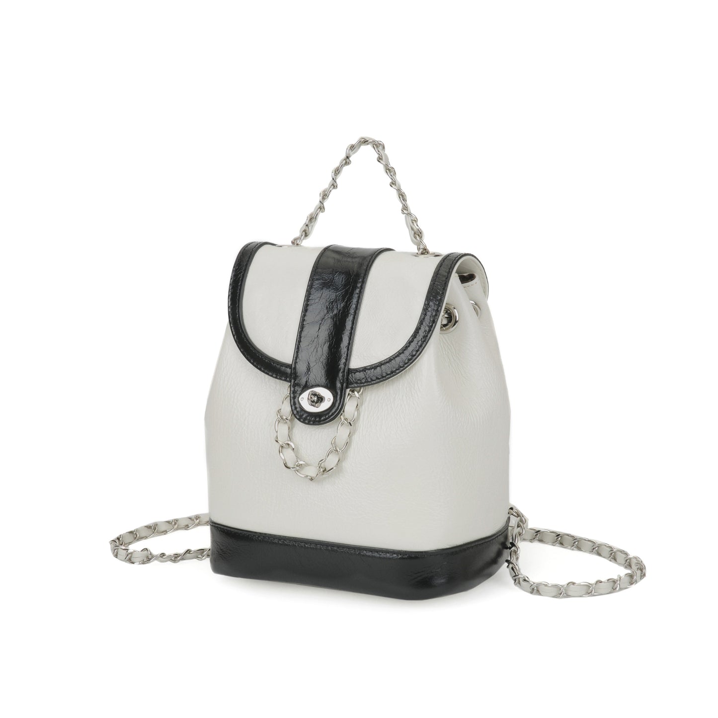 White Mini Backpack Women with Metallic Chain