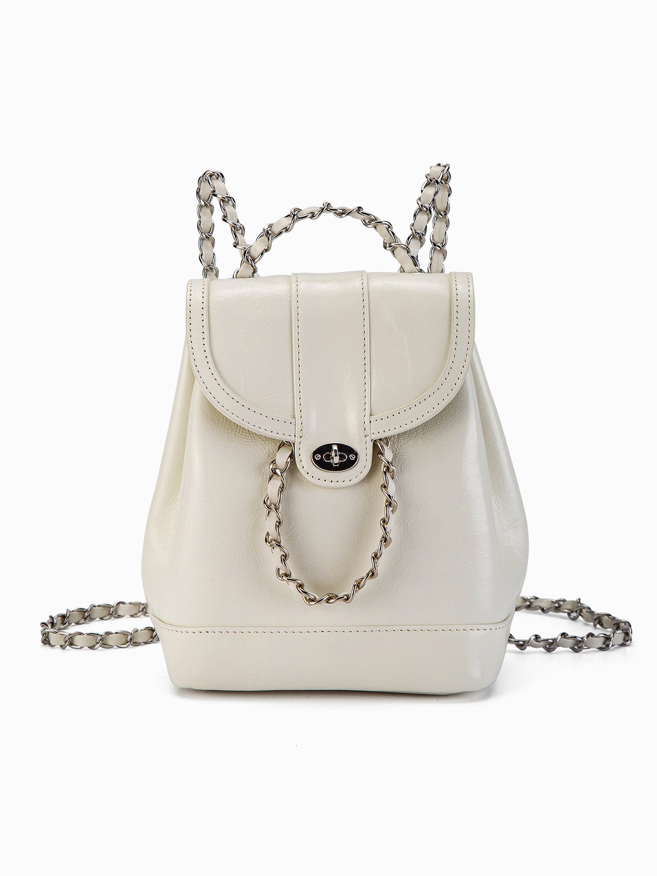 White Mini Backpack Women with Metallic Chain