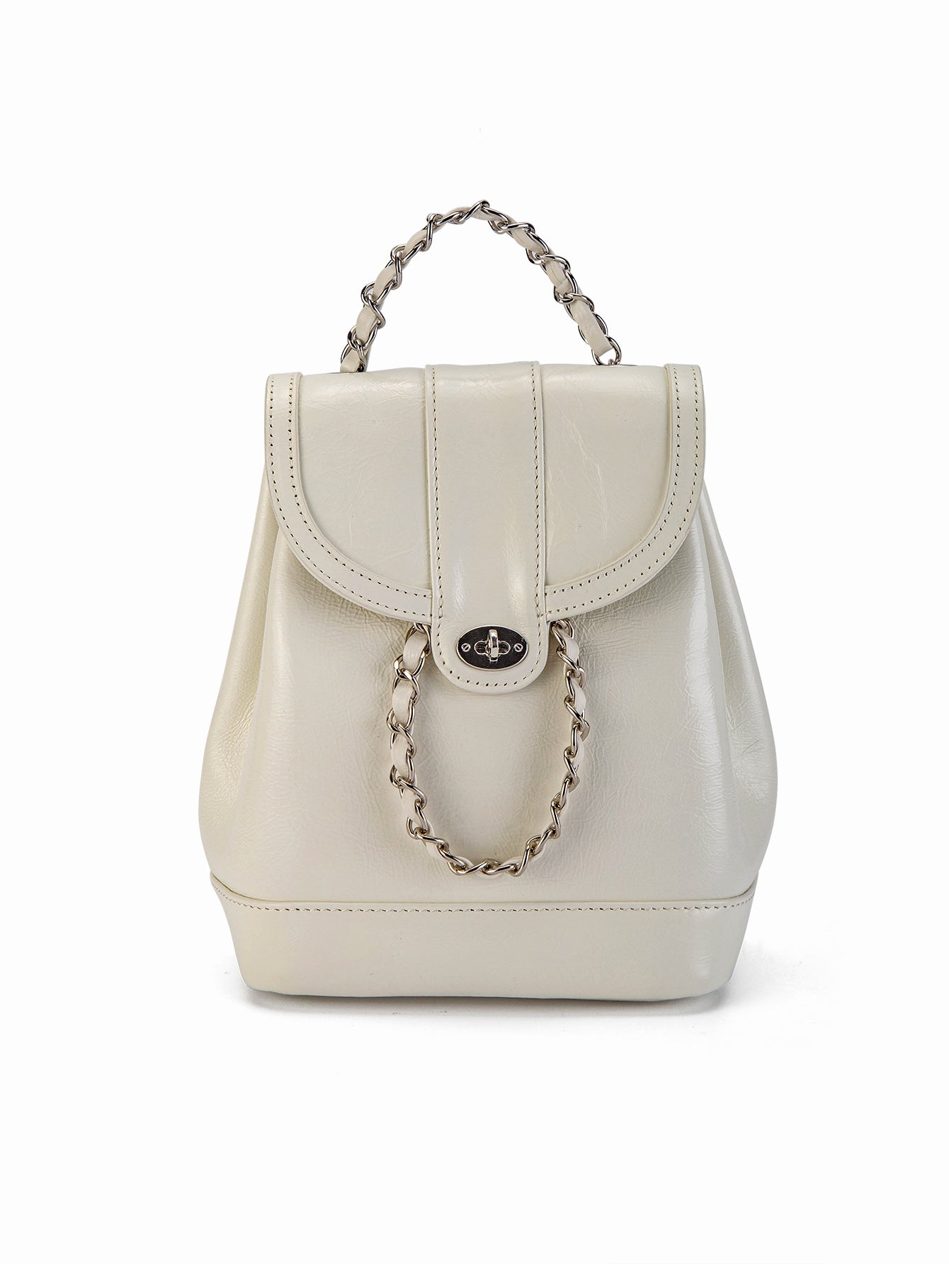 White Mini Backpack Women with Metallic Chain