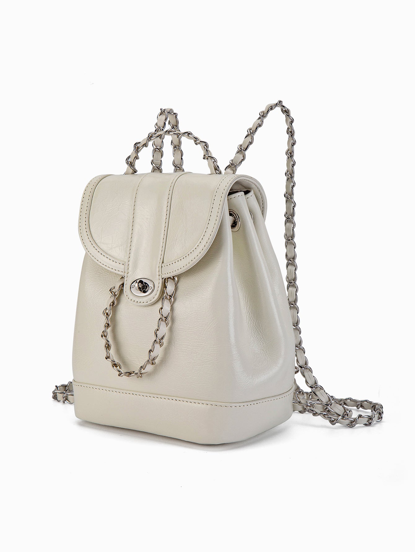 White Mini Backpack Women with Metallic Chain