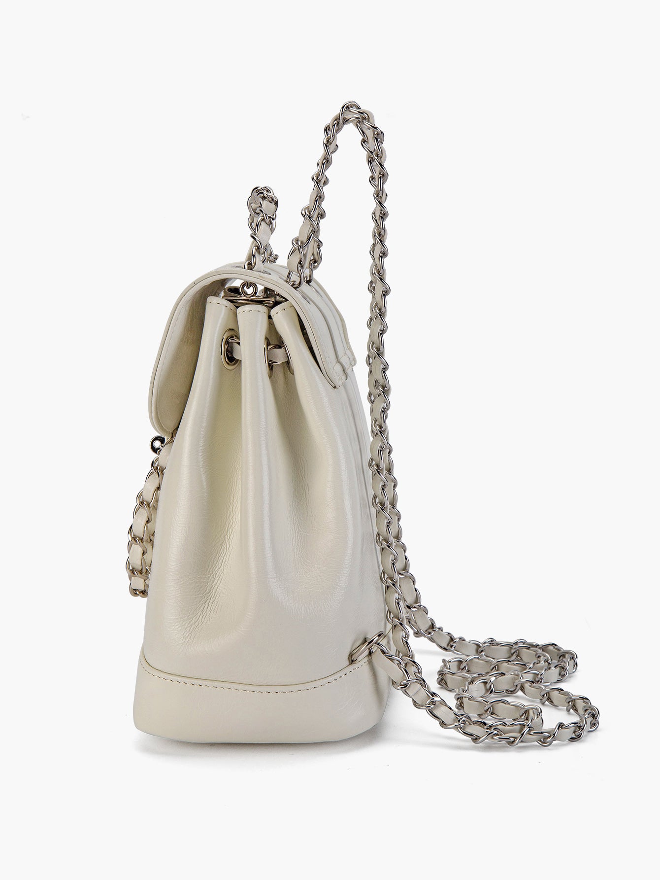 White Mini Backpack Women with Metallic Chain