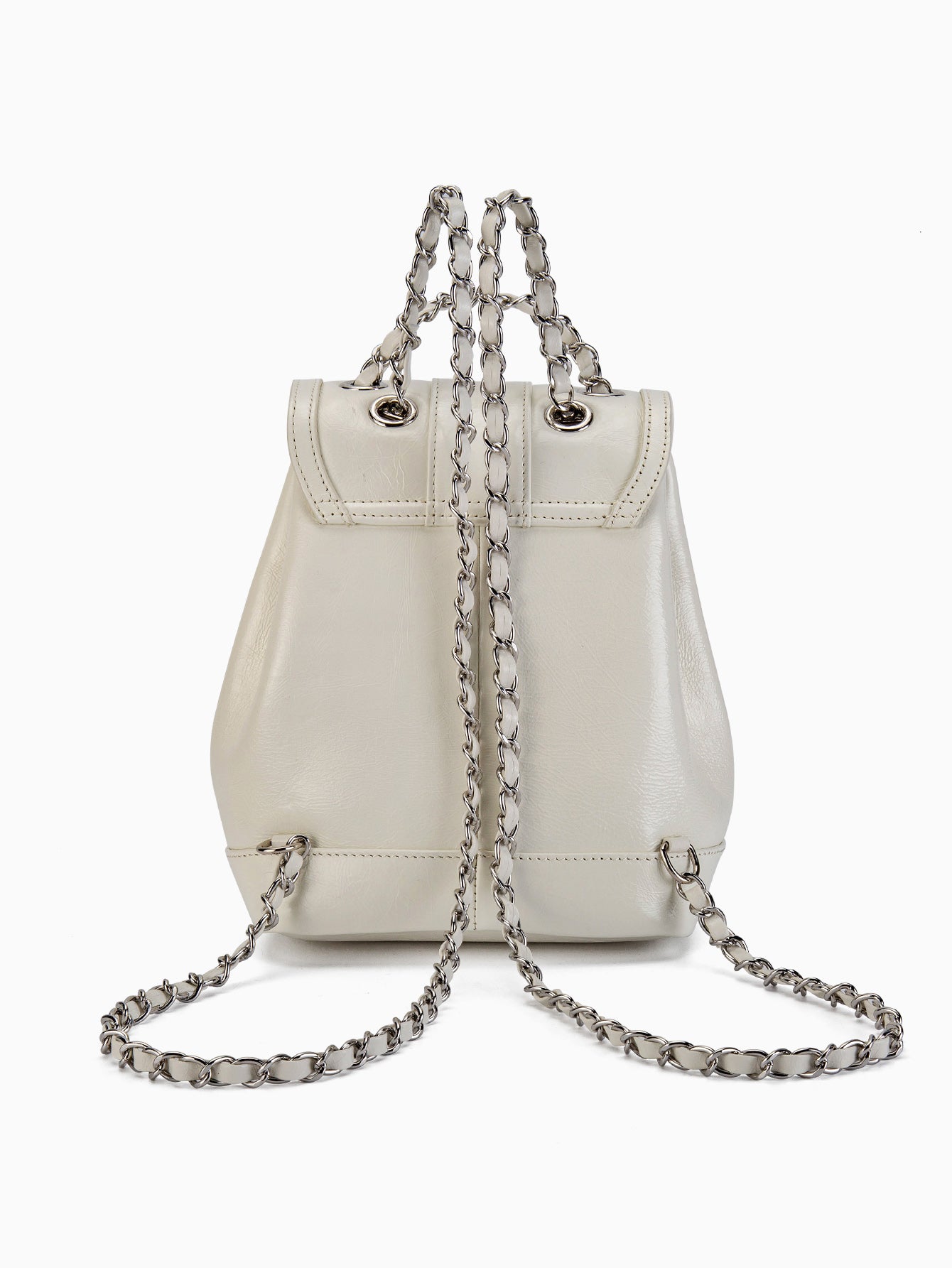 White Mini Backpack Women with Metallic Chain