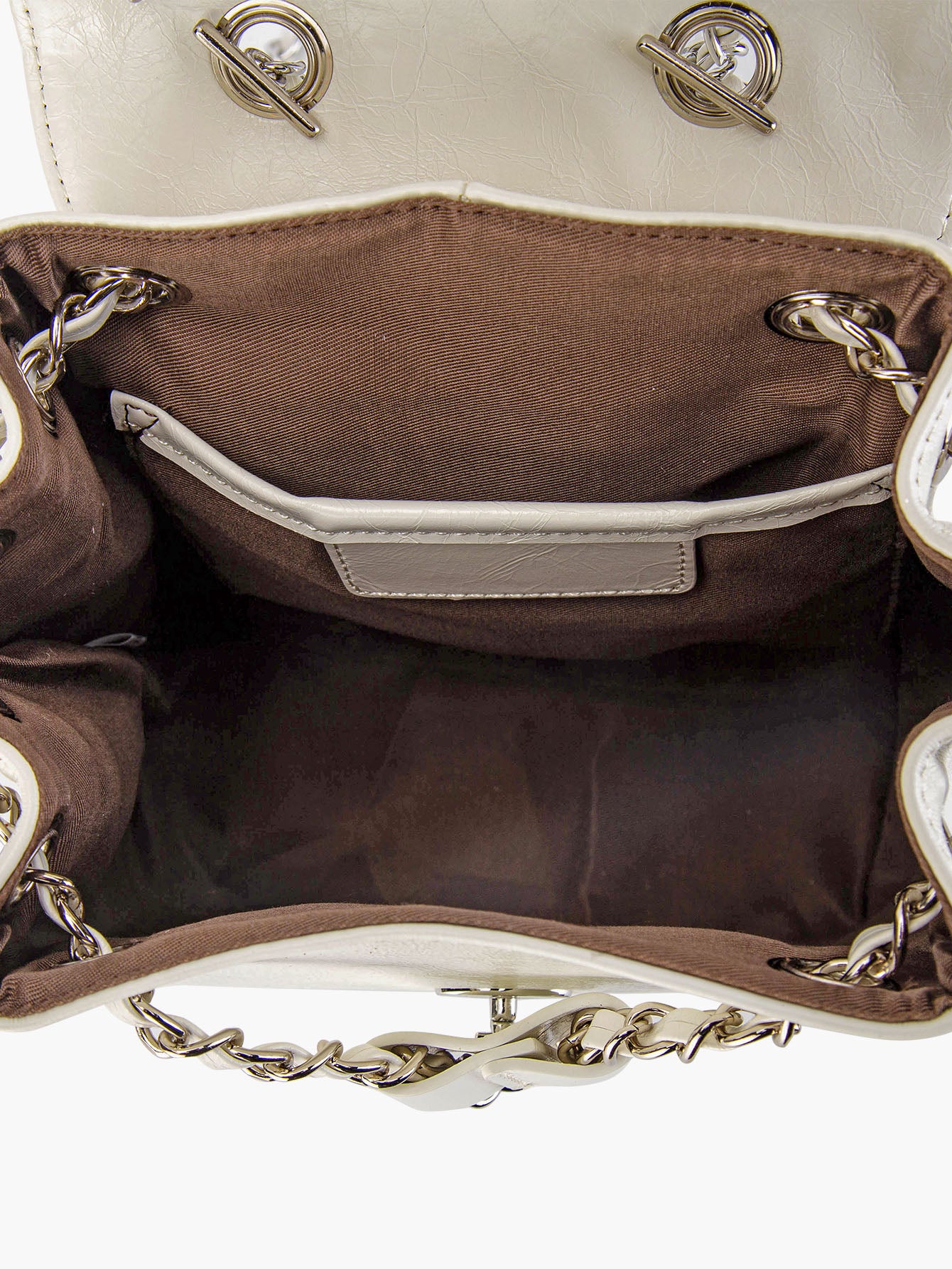 White Mini Backpack Women with Metallic Chain