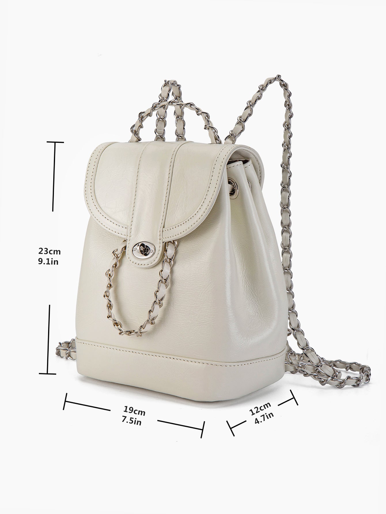 White Mini Backpack Women with Metallic Chain