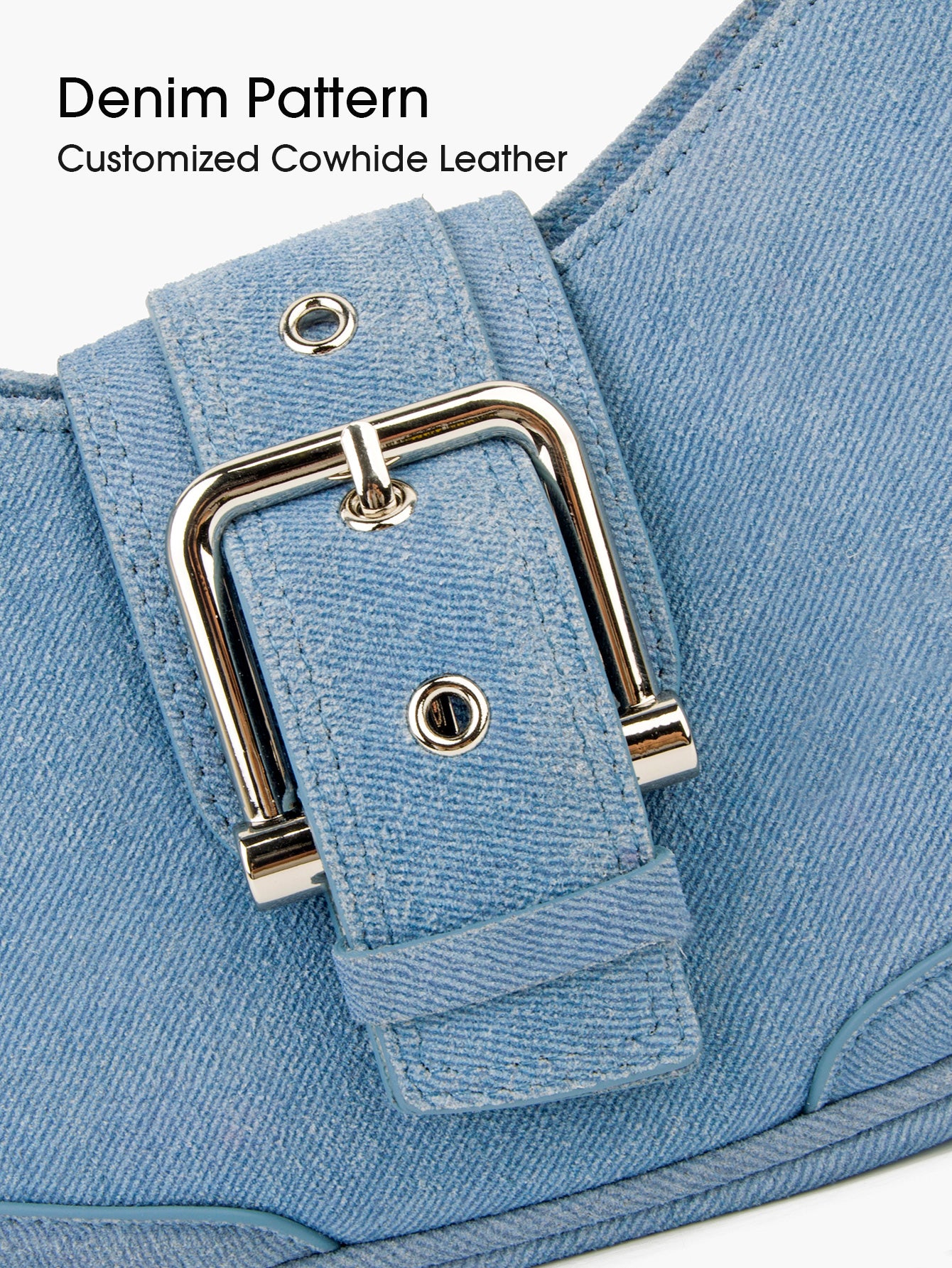 Denim Pattern Cowhide Leather Crescent Hobo Bag