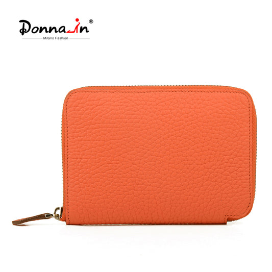 DONNAIN Leather Minimalist Slim Wallets For Women Trendy Orange Purse With Zipper