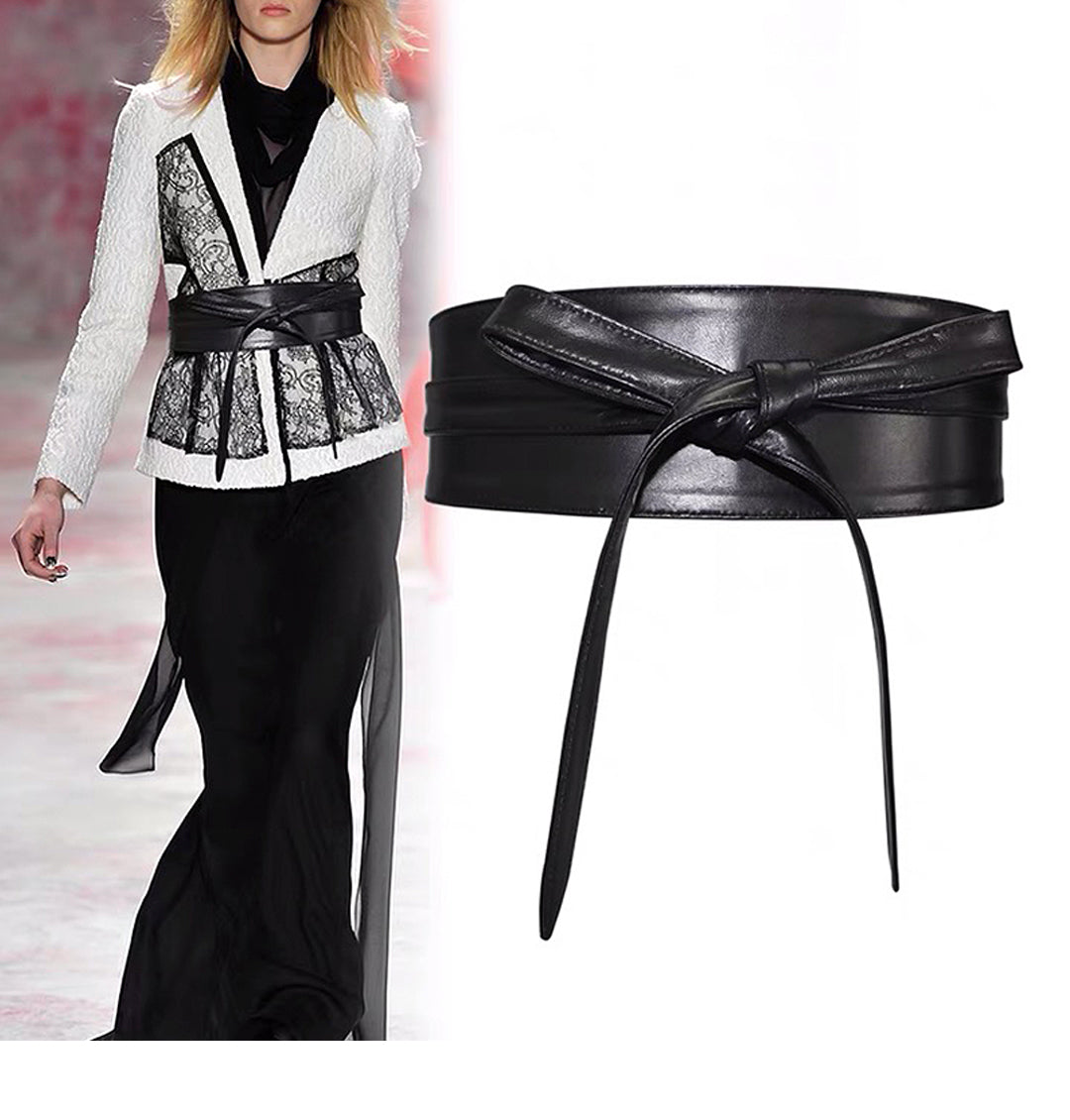 Donnain Soft Sheepskin Fashion Bow-Knot Decorative Elegant Black Wide Belt High Quality