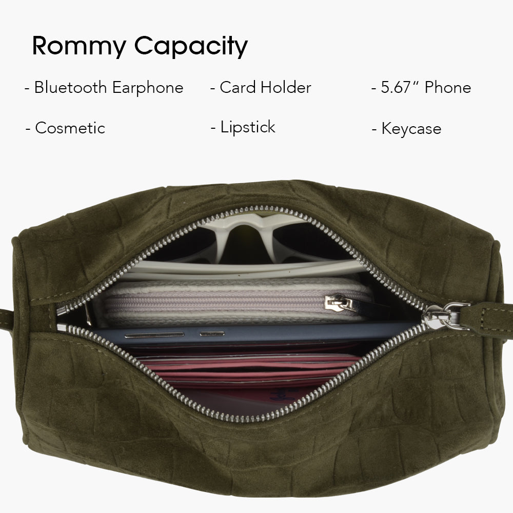 Green suede women's handbag, mini small cylindrical bag, with adjustable shoulder strap