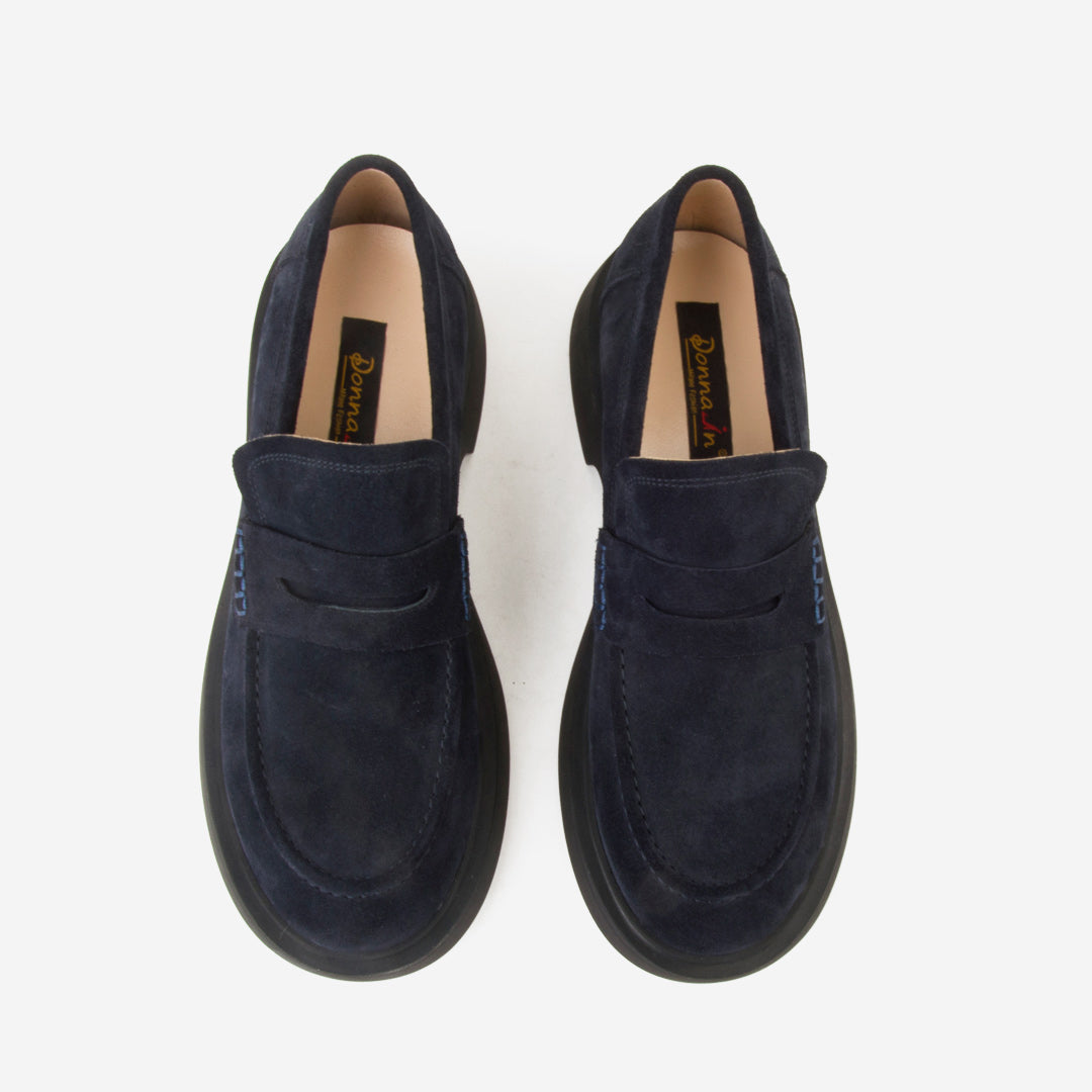 Navy Suede Leather Platform Chunky Heels Loafer