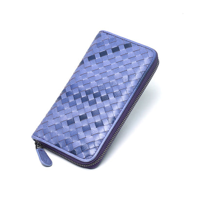 Handmde Woven Leather Mixed Color Long Wallet