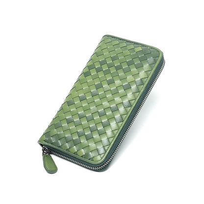 Handmde Woven Leather Mixed Color Long Wallet