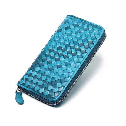 Handmde Woven Leather Mixed Color Long Wallet
