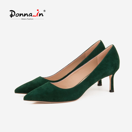 Retro Dark Green Suede Leather Med Heel Lady Shoes