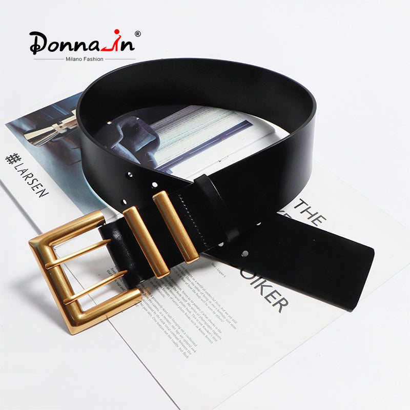 High Quality Genuine Leather Classic Black Wide Belt Trendy Plus Size Metal Buckle