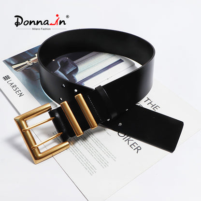 High Quality Genuine Leather Classic Black Wide Belt Trendy Plus Size Metal Buckle