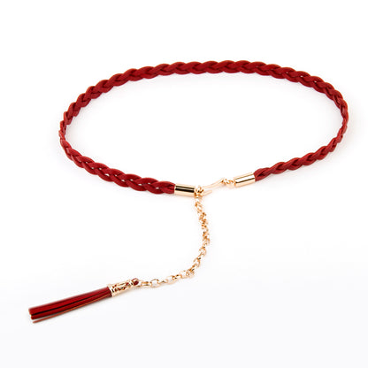 Ladies Belt Woven Leather Tassel Waist Belt Chain Adornment Dress Genuine Leather Slim Elegant for Lady