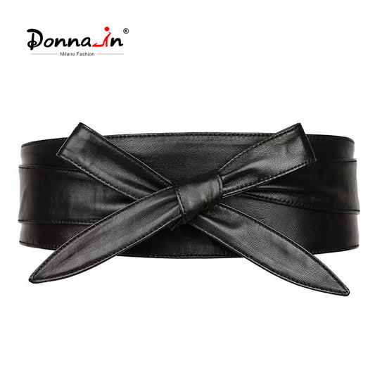 Donnain Soft Sheepskin Fashion Bow-Knot Decorative Elegant Black Wide Belt High Quality