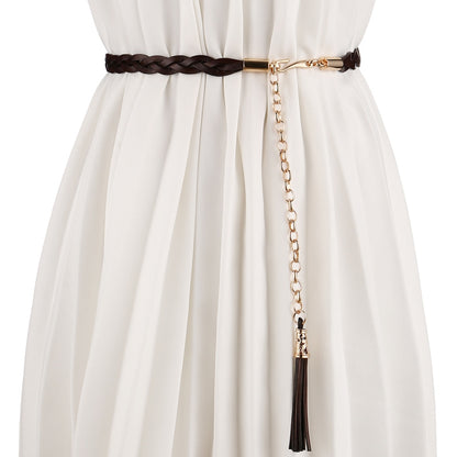 Ladies Belt Woven Leather Tassel Waist Belt Chain Adornment Dress Genuine Leather Slim Elegant for Lady