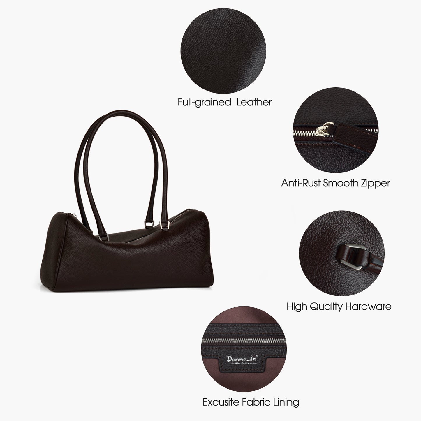 Donnain Premium Cowhide Coffee Boston Bag, Women's Versatile Single-Shoulder Handbag