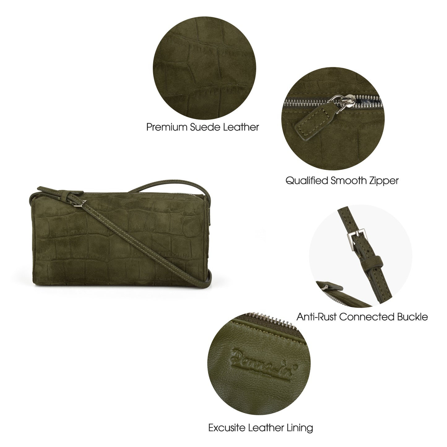 Green suede women's handbag, mini small cylindrical bag, with adjustable shoulder strap