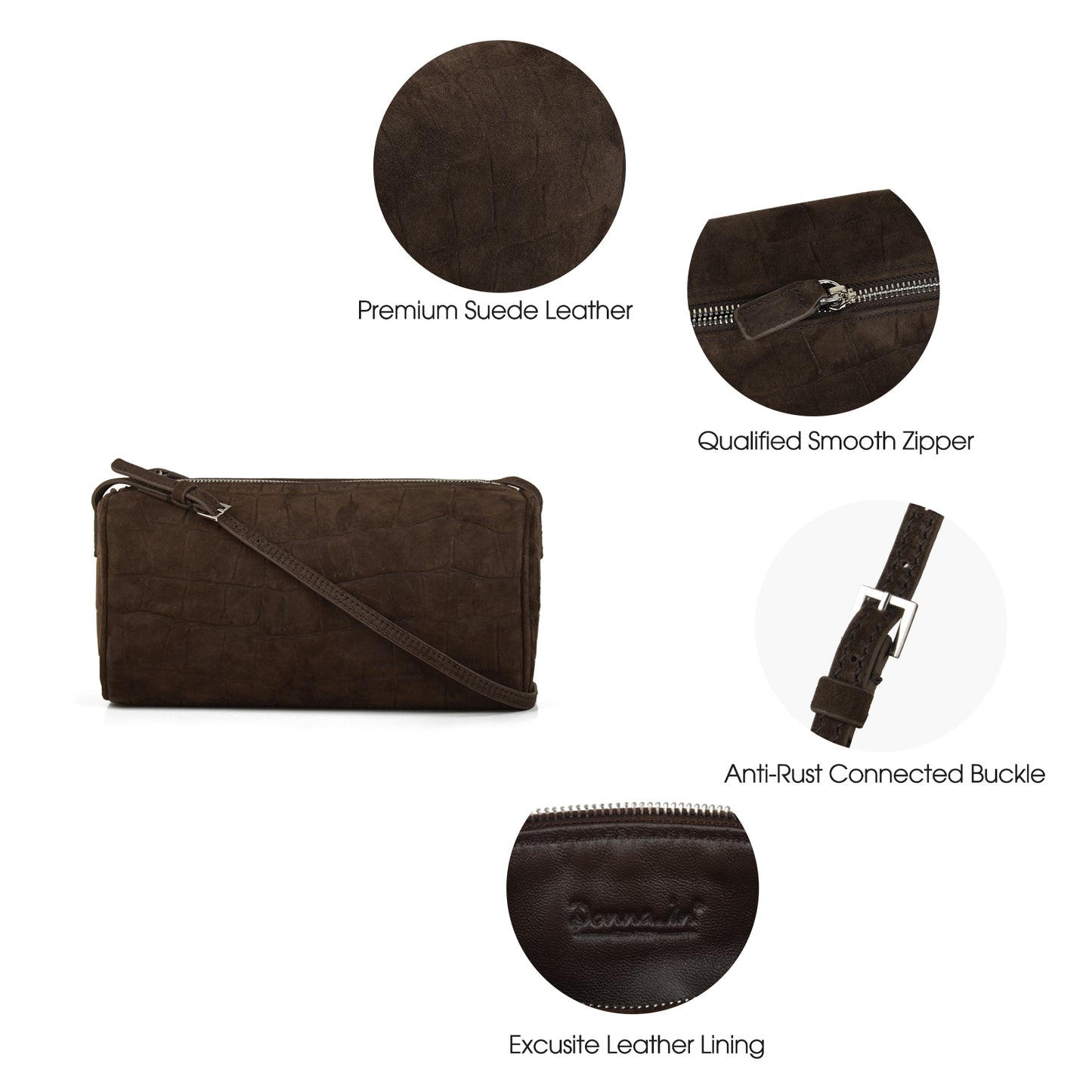 Coffee embossed suede mini handbag, women's simple adjustable shoulder strap crossbody bag