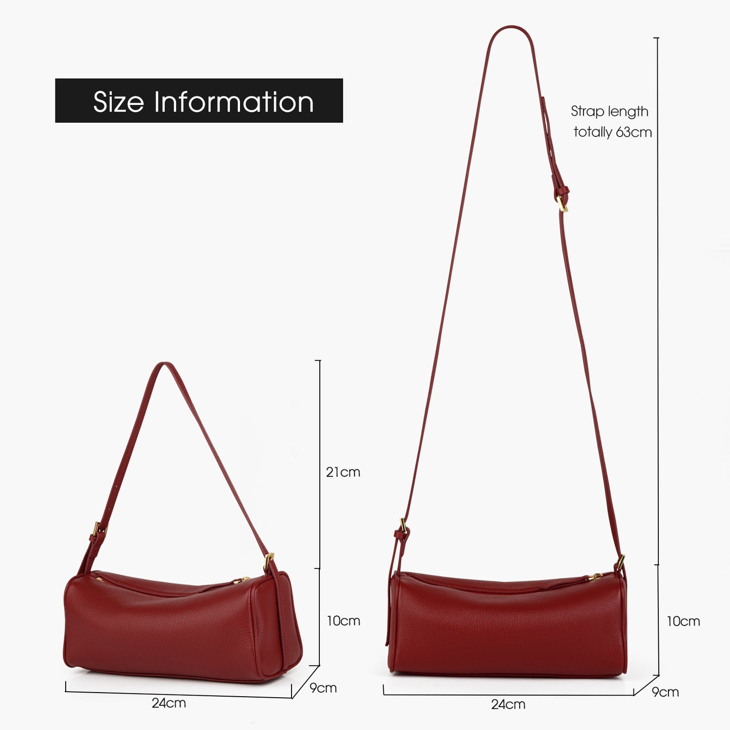 High-end full-grain leather women's crossbody bag, long bucket bag, simple handbag with adjustable shoulder strap