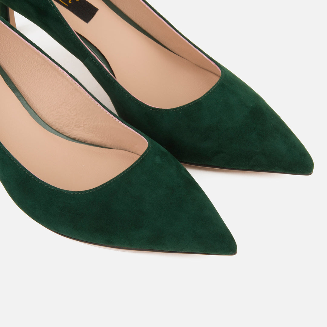 Retro Dark Green Suede Leather Med Heel Lady Shoes