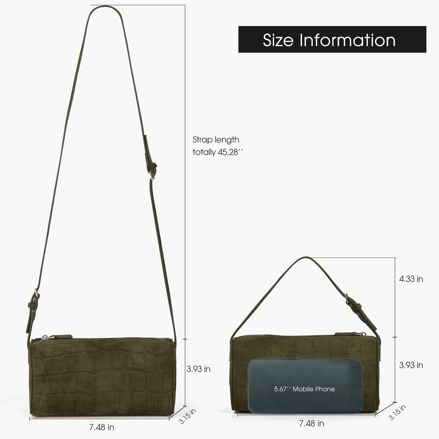 Green suede women's handbag, mini small cylindrical bag, with adjustable shoulder strap