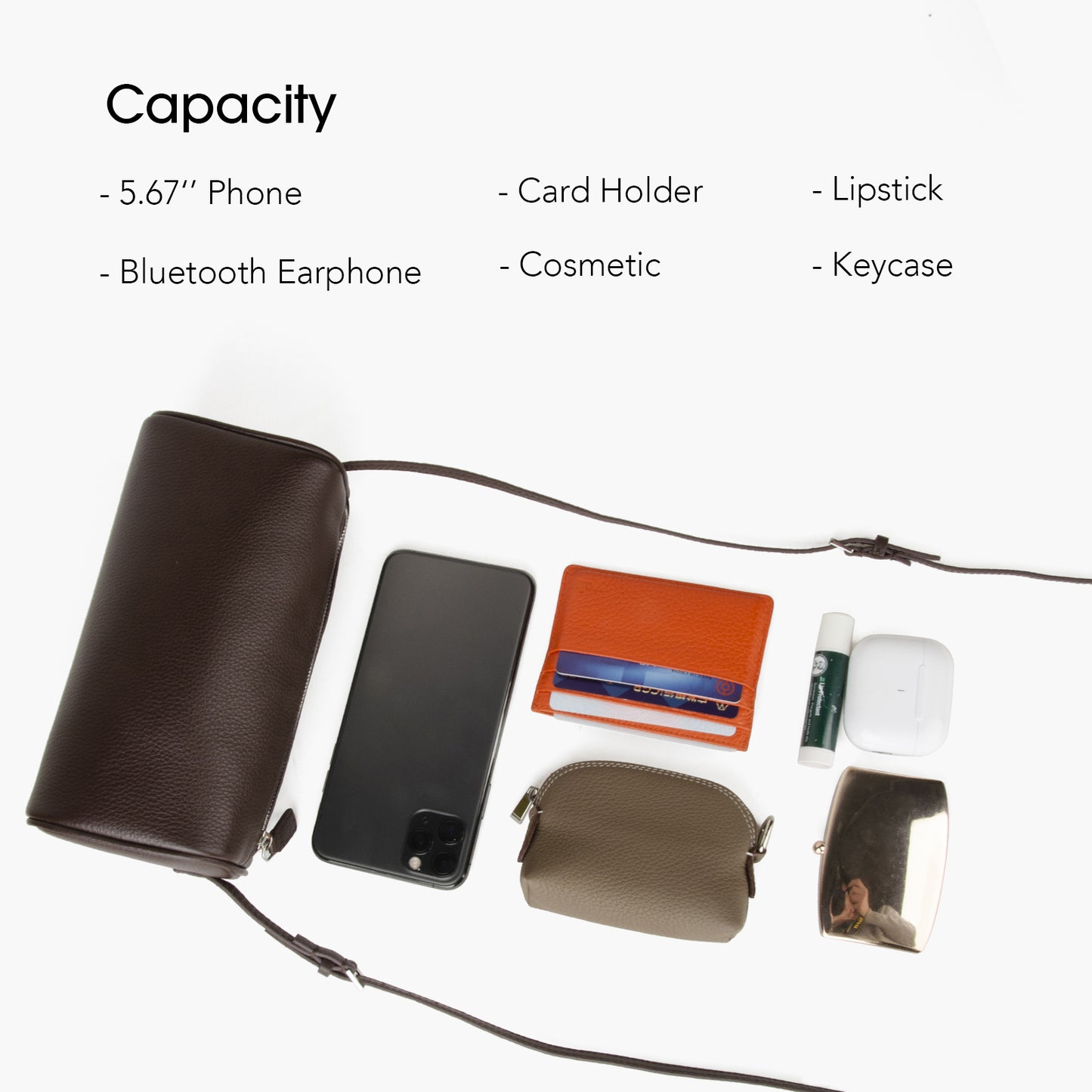 Coffee-colored mini handbag with adjustable shoulder strap