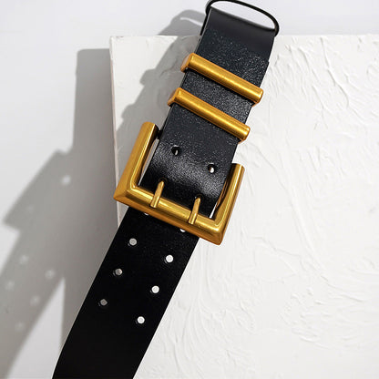 High Quality Genuine Leather Classic Black Wide Belt Trendy Plus Size Metal Buckle