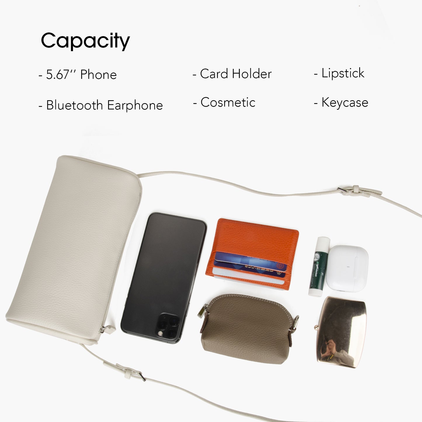 White genuine leather cylindrical women's handbag