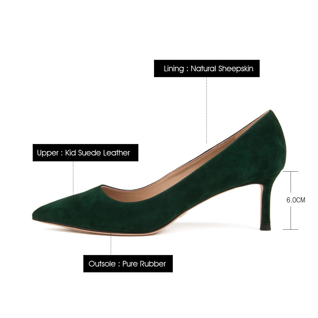 Retro Dark Green Suede Leather Med Heel Lady Shoes