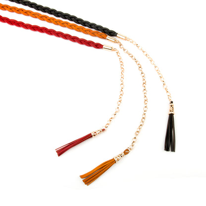 Ladies Belt Woven Leather Tassel Waist Belt Chain Adornment Dress Genuine Leather Slim Elegant for Lady