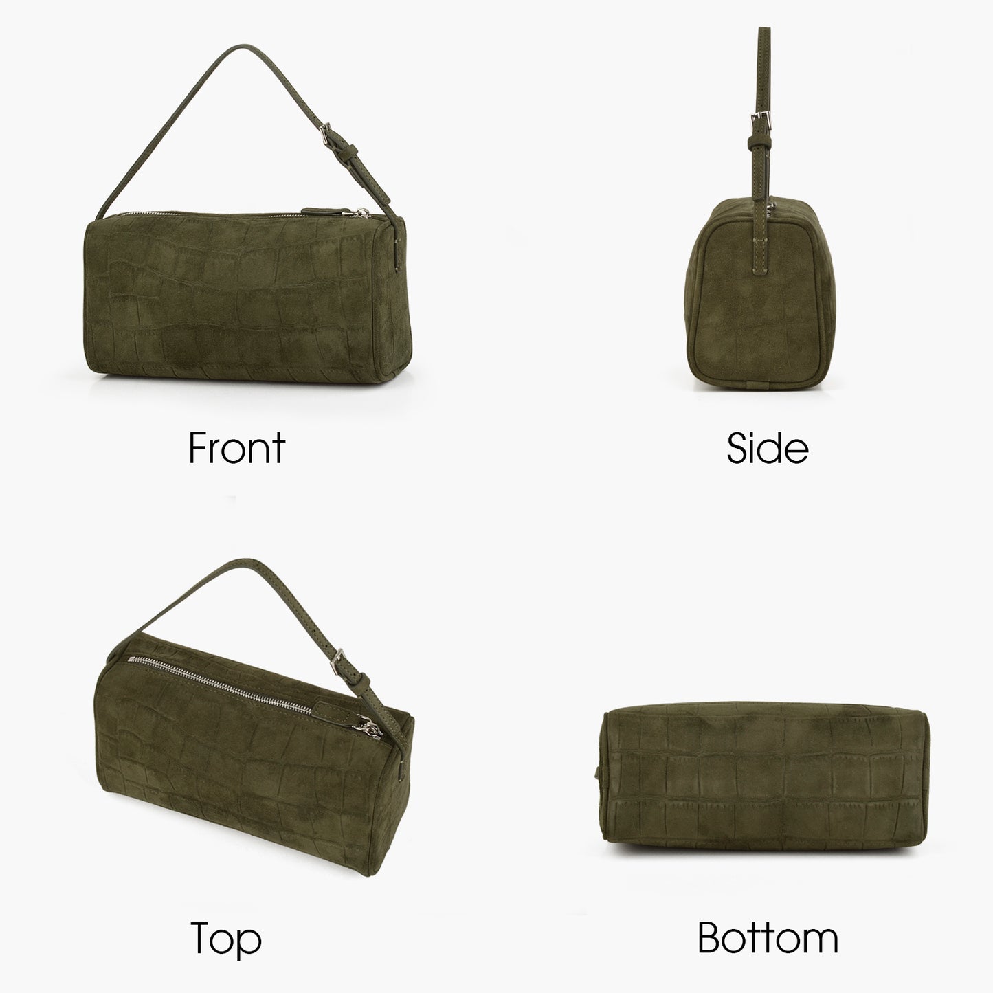 Green suede women's handbag, mini small cylindrical bag, with adjustable shoulder strap