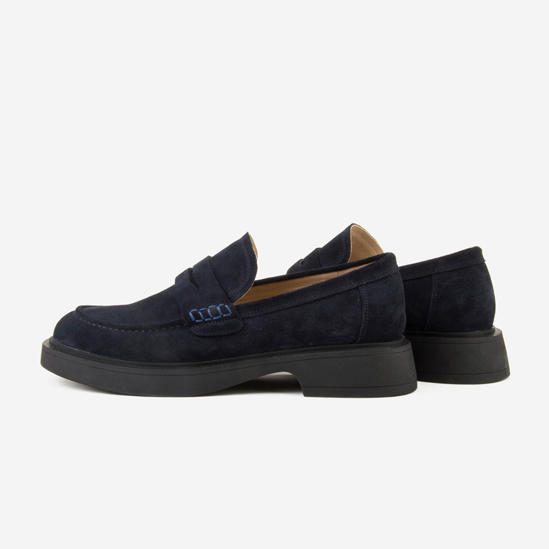 Navy Suede Leather Platform Chunky Heels Loafer