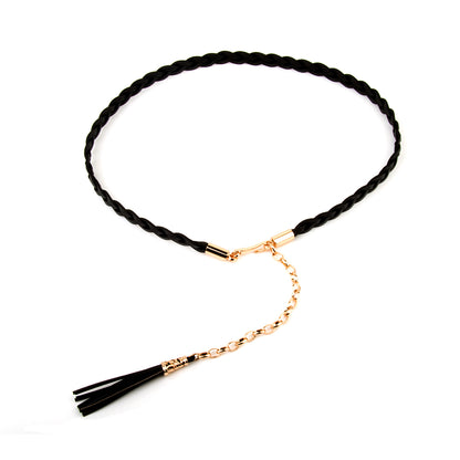 Ladies Belt Woven Leather Tassel Waist Belt Chain Adornment Dress Genuine Leather Slim Elegant for Lady
