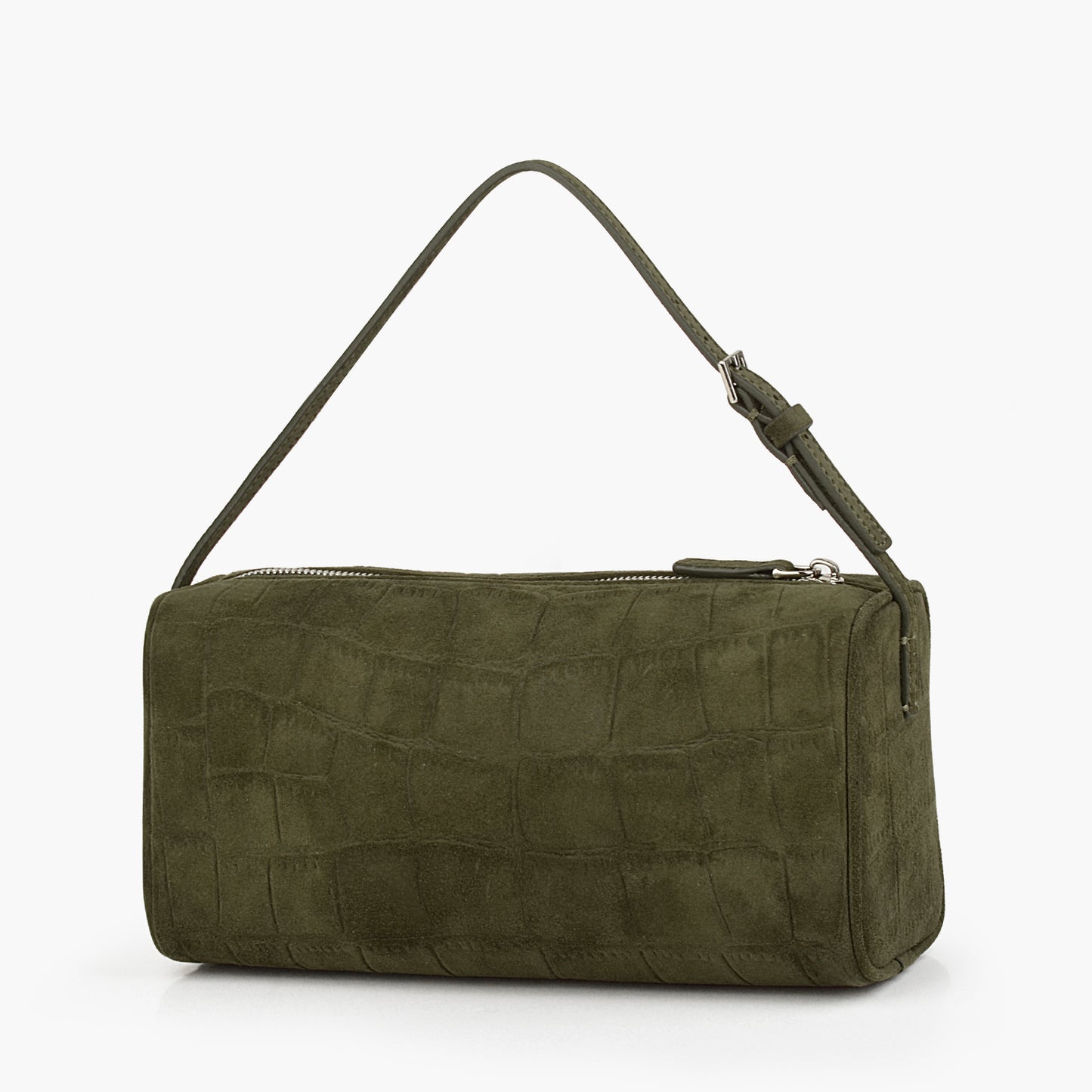 Green suede women's handbag, mini small cylindrical bag, with adjustable shoulder strap