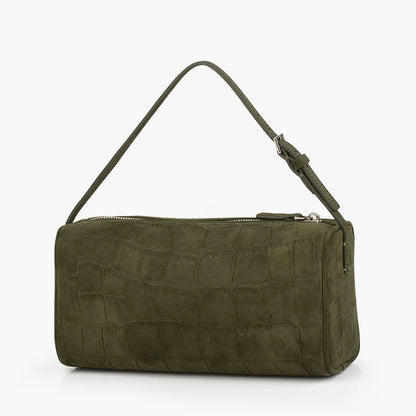 Green suede women's handbag, mini small cylindrical bag, with adjustable shoulder strap