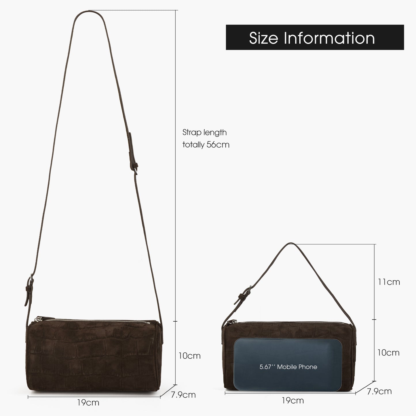 Coffee embossed suede mini handbag, women's simple adjustable shoulder strap crossbody bag