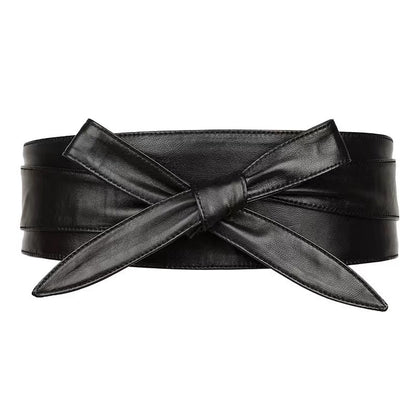Donnain Soft Sheepskin Fashion Bow-Knot Decorative Elegant Black Wide Belt High Quality